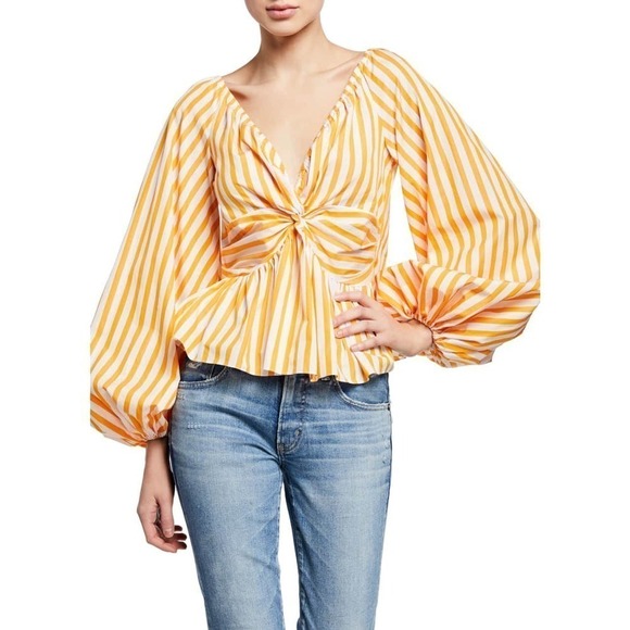 Caroline Constas Onira Top Striped Blouson Sleeve Crop Orange White Size Small - Picture 2 of 13